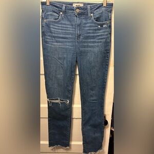 PAIGE, 28”, Exclusive Huxton Slim “boyfriend” jeans. Premade holes-knee & pocket